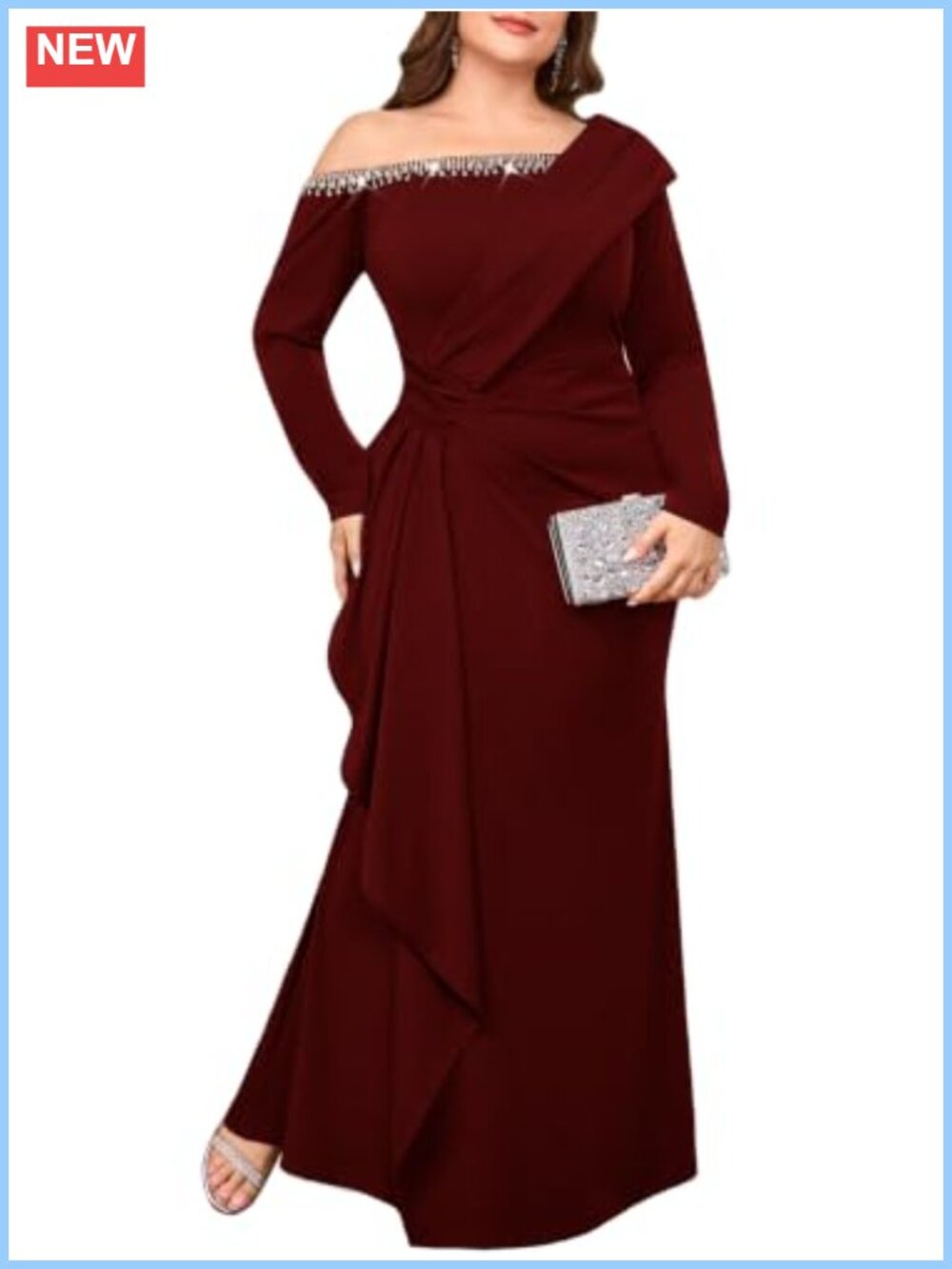 Plus Size One Shoulder Rhinestone Maxi Formal Dress Long Sleeve Ruched Gown